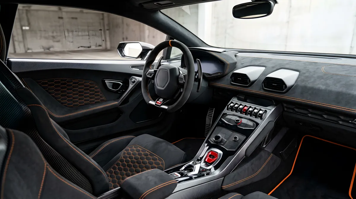 The cockpit, with alcantara and orange stitching
