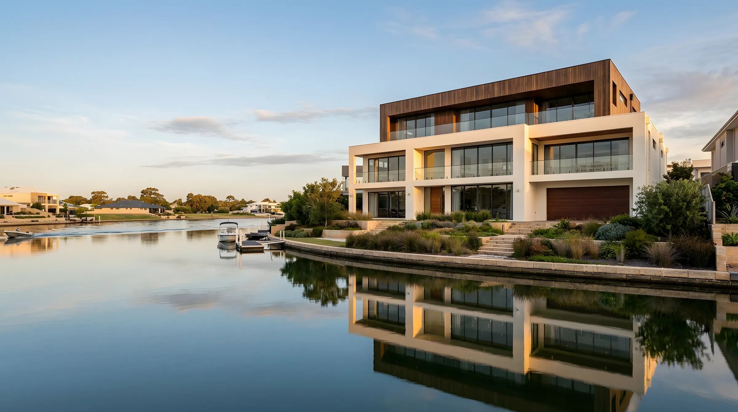 The waterfront home in late afternoon sun