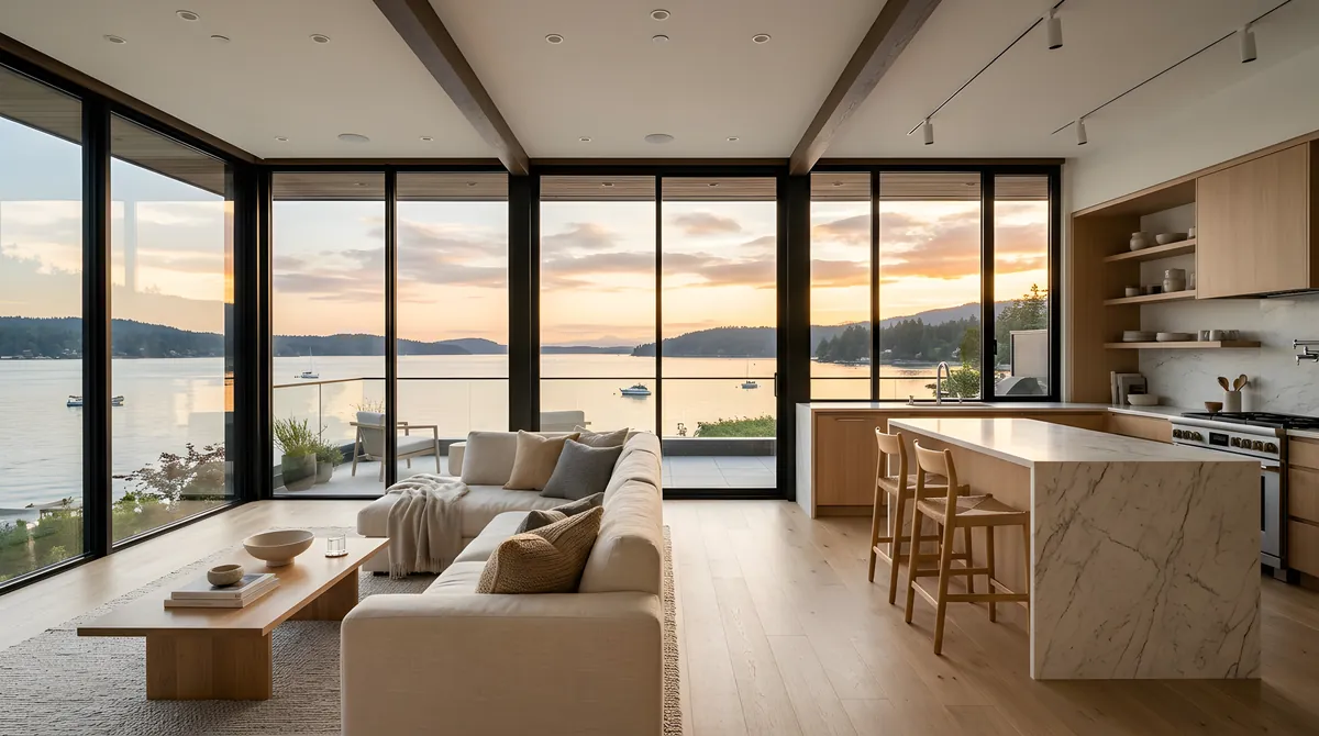 An open-plan living room looking onto the water at sunset